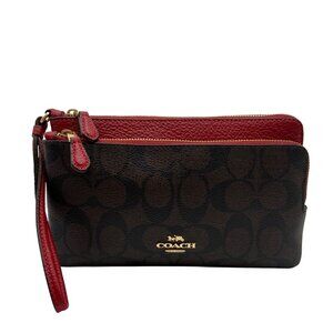 Coach Red And Brown Coated Canvas Double Zip Wristlet